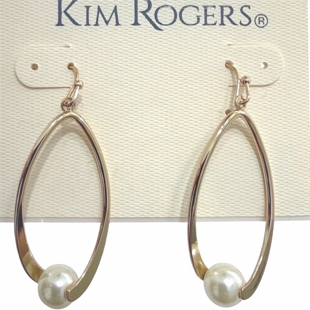 Kim Rogers Earrings Gold Tone Oval Drop With Faux Pearl Classic Jewelry
